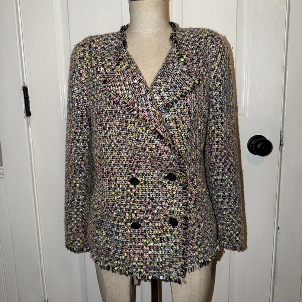 Emporio Armani Women's Multi Color Pastel Tweed Blazer Size 44 US 12 Fringe